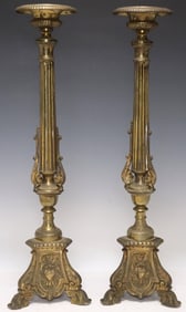 (2) CONTINENTAL RENAISSANCE REVIVAL GILT METAL ALTAR CANDLESTICKS