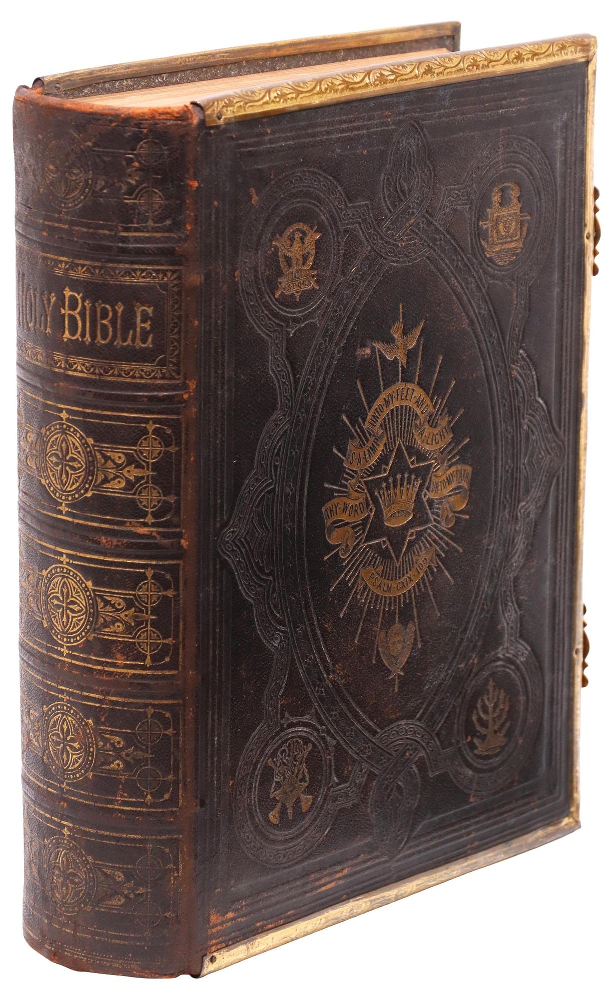 ANTIQUE ENGLISH LEATHER & BRASS BOUND HOLY BIBLE (1 of 5)