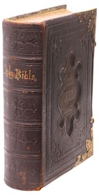 ANTIQUE ENGLISH LEATHER & BRASS BOUND HOLY BIBLE