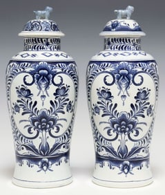 (2) DUTCH ROYAL SPHINX DELFT-STYLE BLUE & WHITE VASES & COVERS
