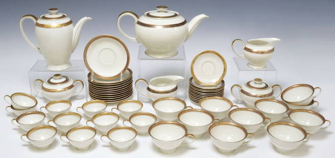 (53) ROSENTHAL GOLD ENCRUSTED PORCELAIN TEA & COFFEE SERVICE: (lot of 53) German porcelain tea and coffee service, Rosenthal, Winifred shape pattern, with gold encrusted band, including: (1) coffee pot, 7 5/8&quot;h, (1) teapot, 6&quot;h, (2) covered sugar bowls