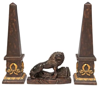(3) EMPIRE STYLE OBELISKS & CARVED WOOD MODEL OF A LION