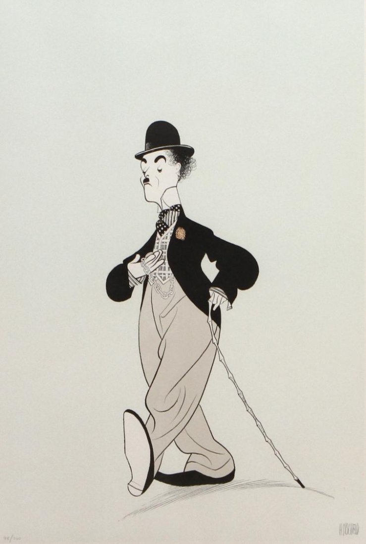 FRAMED LITHOGRAPH, CHARLIE CHAPLIN, HIRSCHFELD: Framed limited edition lithograph print on paper, Charlie Chaplin caricature, pencil signed lower right Hirschfeld (Albert Hirschfeld, New York, 1903 - 2003), numbered 98/200, some slight discoloratio