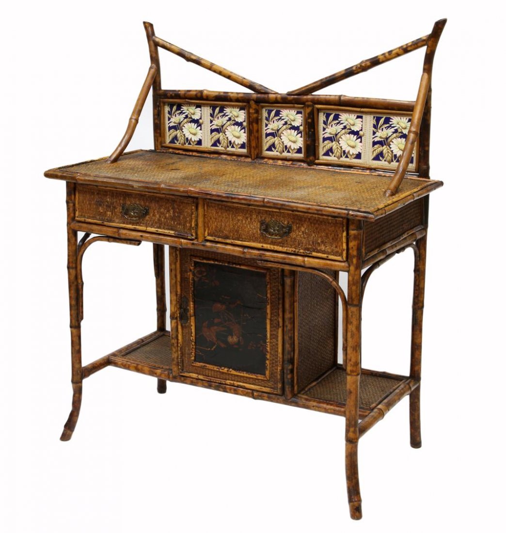 VICTORIAN BAMBOO & TILE WASHSTAND: Victorian bamboo framed washstand, England, c. 1900, having floral decorated tile backsplash, a rectangular top with two frieze drawers raised on bamboo legs joined by stretchers and a lower shelf wit