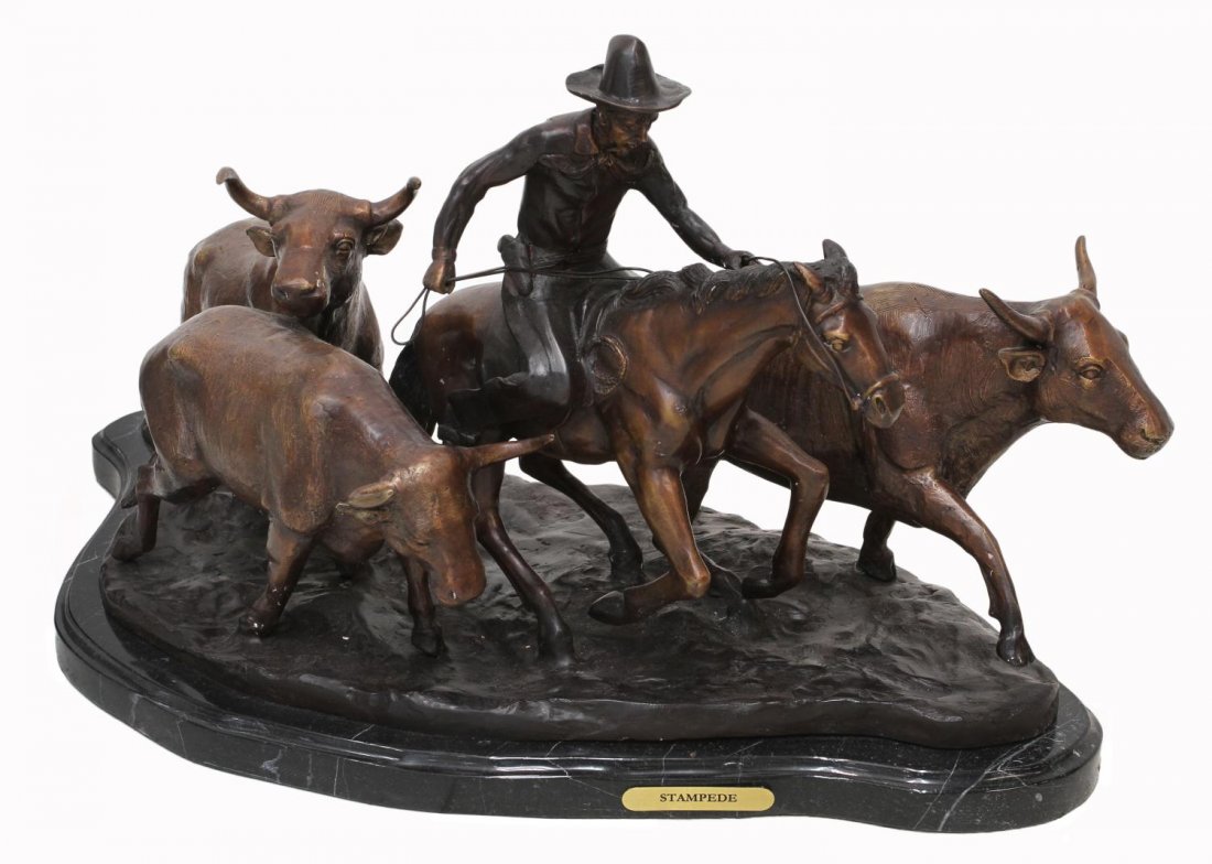 WESTERN BRONZE, STAMPEDE, AFTER REMINGTON: Western patinated bronze, 'Stampede', after Frederic Sackrider Remington (American, 1861-1909), rising on a shaped marble base, 16"h, 29.75"w, 15"d (P5) Start Price: $450.00