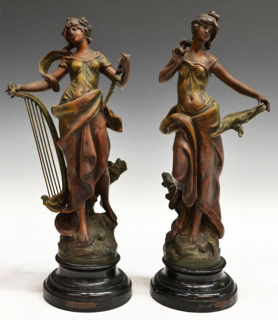 (2) AFTER AUGUSTE MOREAU SCULPTURES MELODIE, PENSE: (lot of 2) French patinated metal female figures, after Auguste Moreau (French, 1834-1917), comprising: (1) "La Melodie", 17"h, 7.5"w, 5.75"d; (1) "La Pensee", 17.25"h, 8.5"w, 5.75"d; each signed 'Aug