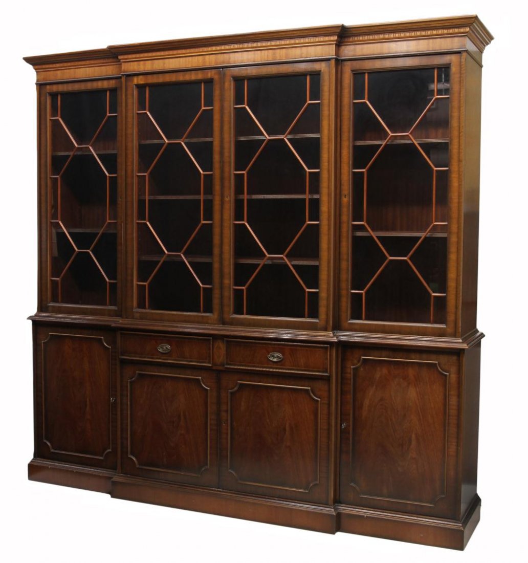 GEORGIAN STYLE MAHOGANY BREAKFRONT CHINA CABINET: Georgian style mahogany breakfront display cabinet, "ReFurn Made by Heldense", Dutch, 20thc., a stepped cornice over four astragal faced glass doors opening to adjustable wood shelves, two central dra