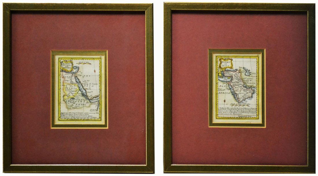 (2) ATLAS MINIMUS MAP PAGES, J. GIBSON & E. BOWEN: (lot of 2) Framed hand colored pages from the Atlas Minimus by John Gibson (British, 1750-1792) and improved by Emanuel Bowen (English, 1694?-1767), comprising: (1) "Turky in Asia", plate 30; (1) "Egy