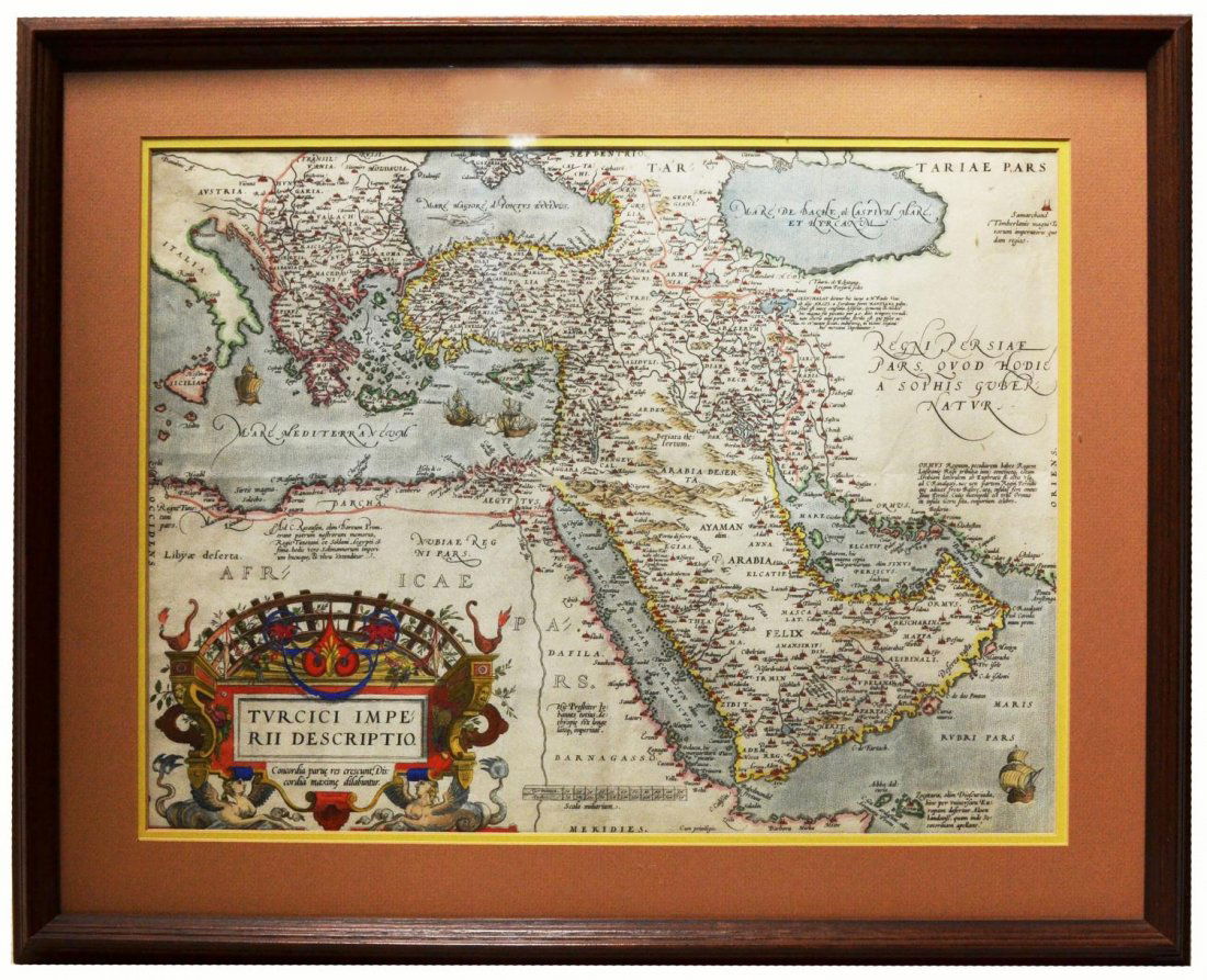 HAND COLORED MAP, TURCICI IMPERIUM, A. ORTELIUS: Framed hand colored double page map, "Turcici Imperii Descriptio", by Abraham Ortelius (Flemish, 1527-1598), on th opposite side a full page of Latin text, watermark verso as pictured, tiny holes were