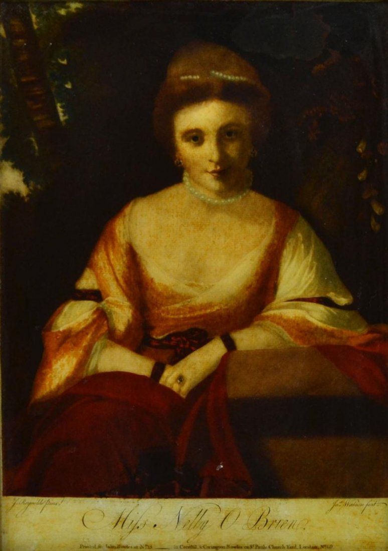 PAINTING AFTER JOSHUA REYNOLDS, MISS NELLY O'BRIEN: Framed 19th c. reverse painting on glass, "Miss Nelly O'Brien", after a painting, c. 1762-1764, by Sir Joshua Reynolds, RA, (England, 1723-1792), printed at lower left J. Reynolds, at lower right Ja. 