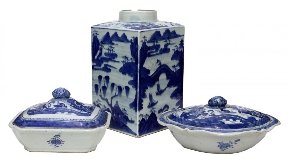 (3) CHINESE EXPORT TUREENS & LARGE TEA JAR: (lot of 3) Chinese Export blue and white porcelain tableware, 19th c., comprising: (2) covered tureens of canted rectangular and oval form, blue mountainous seascapes, various islands and pavilions su