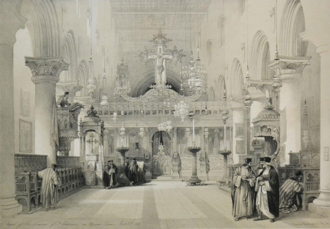 LITHOGRAPH, CHAPEL OF ST. CATHERINE, D. ROBERTS: Framed lithograph print, "Chapel of Convent of St. Catherine, on Mount Sinai, February 21st, 1839", after David Roberts R.A. (British, 1796-1864), London Published by F.G. Moon, 20 Threadneedle St., N