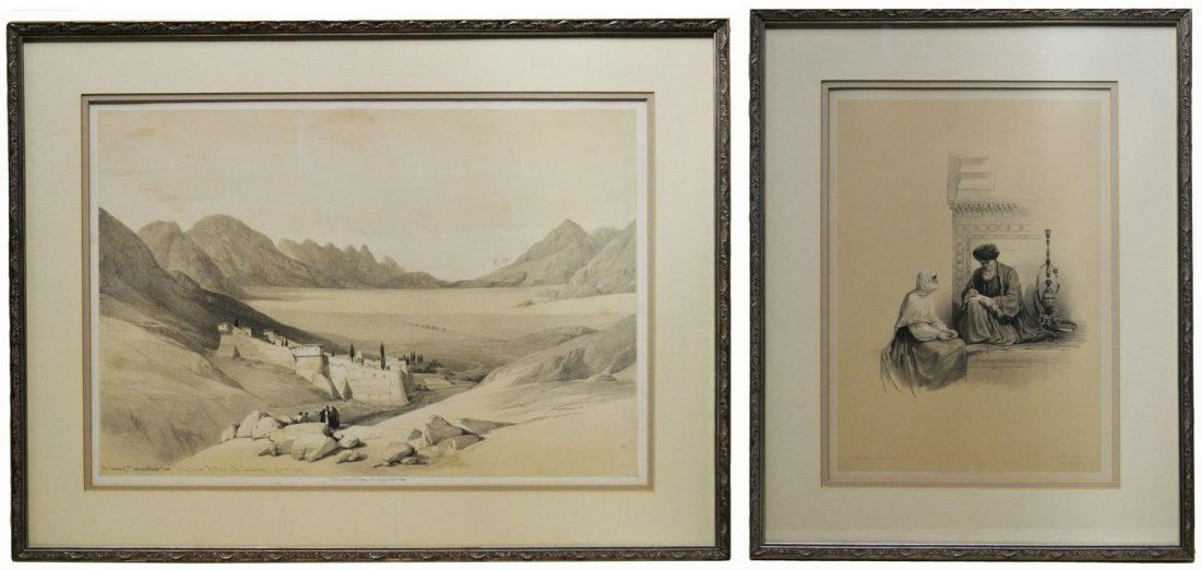 (2) LITHOGRAPHS, CAIRO & ST. CATHERINE, D. ROBERTS: (lot of 2) Framed lithograph prints, after David Roberts R.A. (British, 1796-1864), London Published by F.G. Moon, 20 Threadneedle St., comprising: (1) "The Letter Writer, Cairo", after Louis Haghe (B