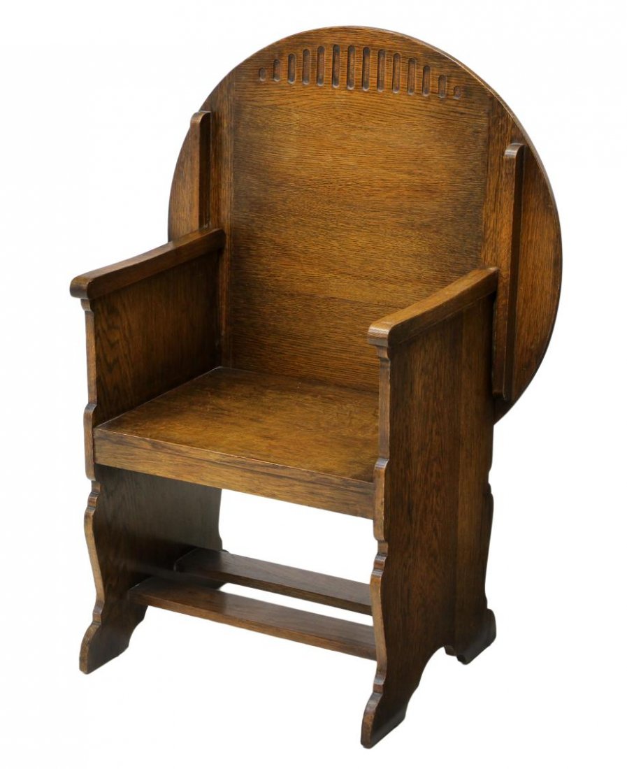 DIMINUTIVE BRITISH OAK MONKS HALL SEAT TABLE: Diminutive British oak monks hall seat and table, 20th c., the circular top table slides and drops to form a chair back, stretcher joined wide side supports with bracket feet, as a table: 24.75"h, 27"