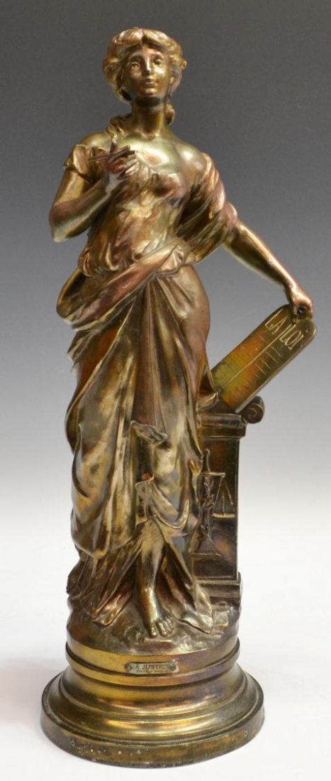 GILT METAL SCULPTURE AFTER FRANCOIS MOREAU, 20"H: French gilt metal figural sculpture, "La Justice" after Francois Clement Moreau (French, 1831-1865), modeled as a woman with a writing tablet and pen, signed and foundry mark as pictured, loss to pen,