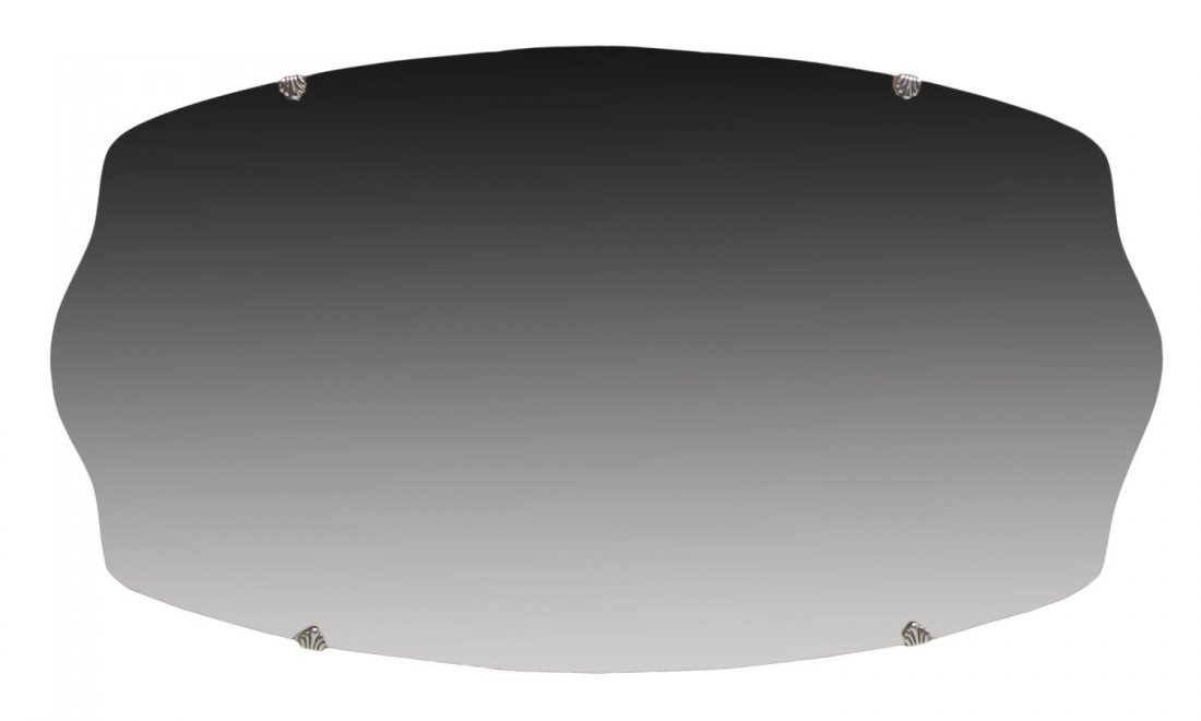 VINTAGE ENGLISH SCALLOPED BEVEL WALL MIRROR: Vintage English scalloped beveled edge mirror, held by four shell form clips, some light spotting/age to mirror, 15"h, 26"w, 9lbs Start Price: $50.00
