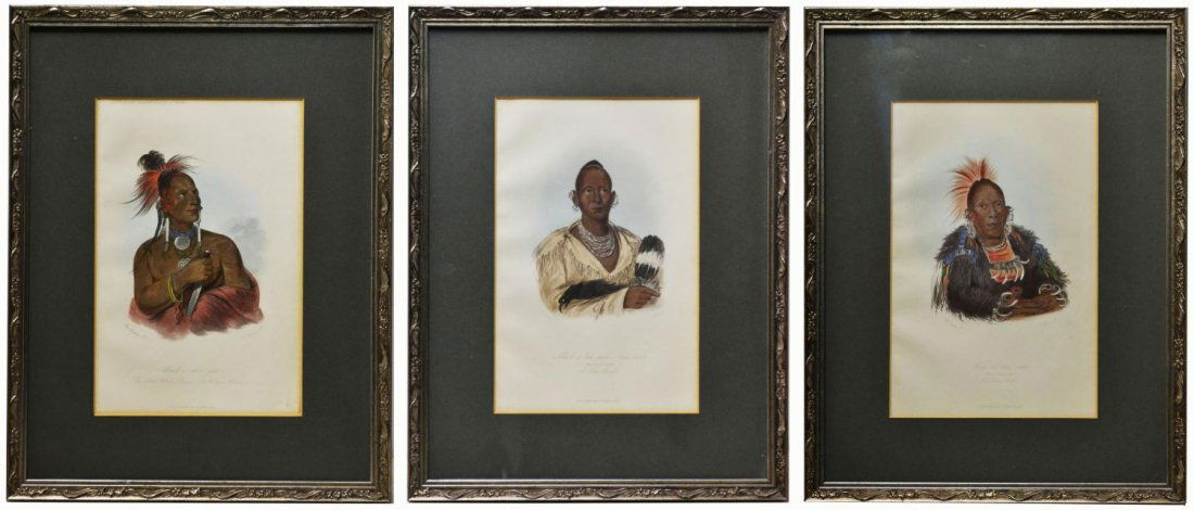 (3)HAND COLORED PRINTS, AMERICAN INDIAN, G. CATLIN: (lot of 3) Framed hand colored Native American portrait lithographs after George Catlin, (Pennsylvania/New Jersey, 1796-1872), J. Harris, engraver, London Published by H. Bailliere, 1842, comprising: