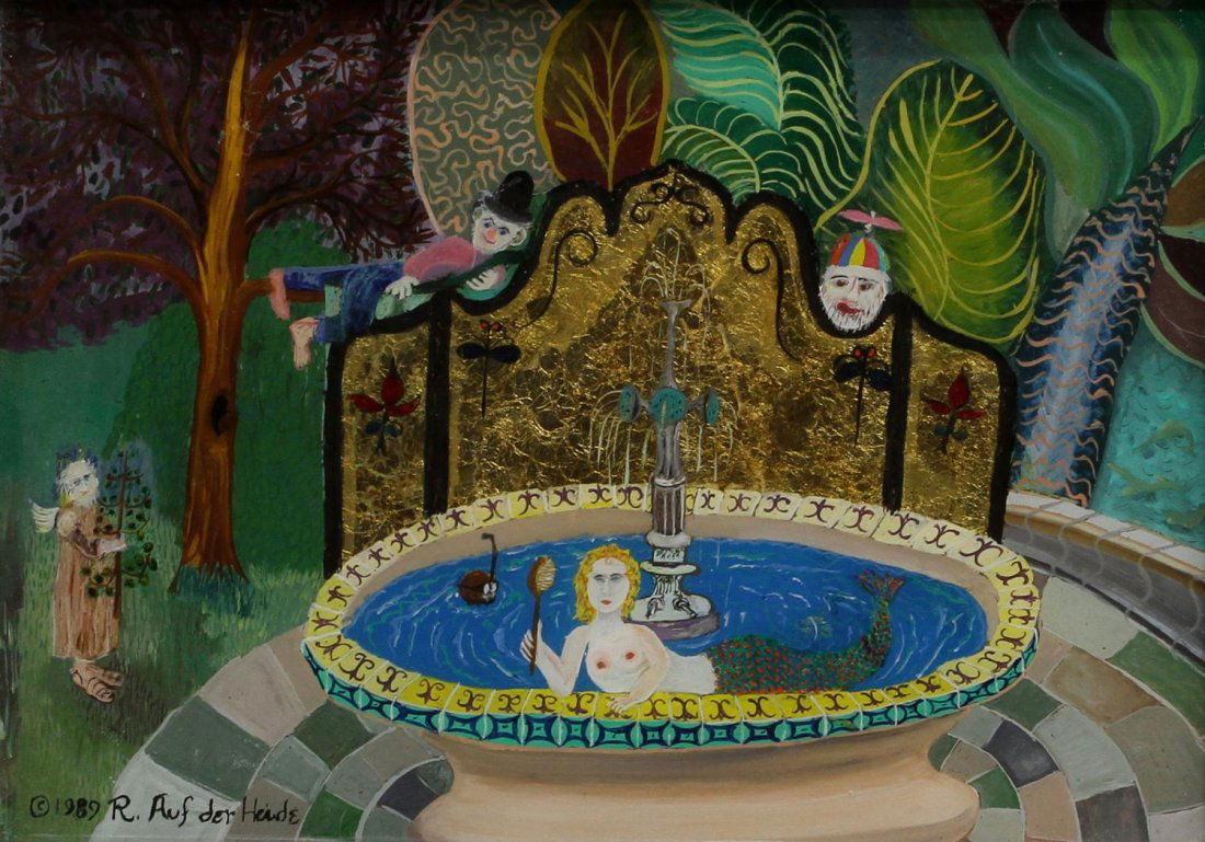 REVERSE PAINTING, FIGURAL SCENE, R. AUF DER HEIDE: Framed reverse painting on plexiglass, "Susanna and the Elders", signed and dated lower left R. Auf der Heide 1989 (Ralph Auf Der Heide, California, 1915-2008), old Santa Barbara Art Association exhib