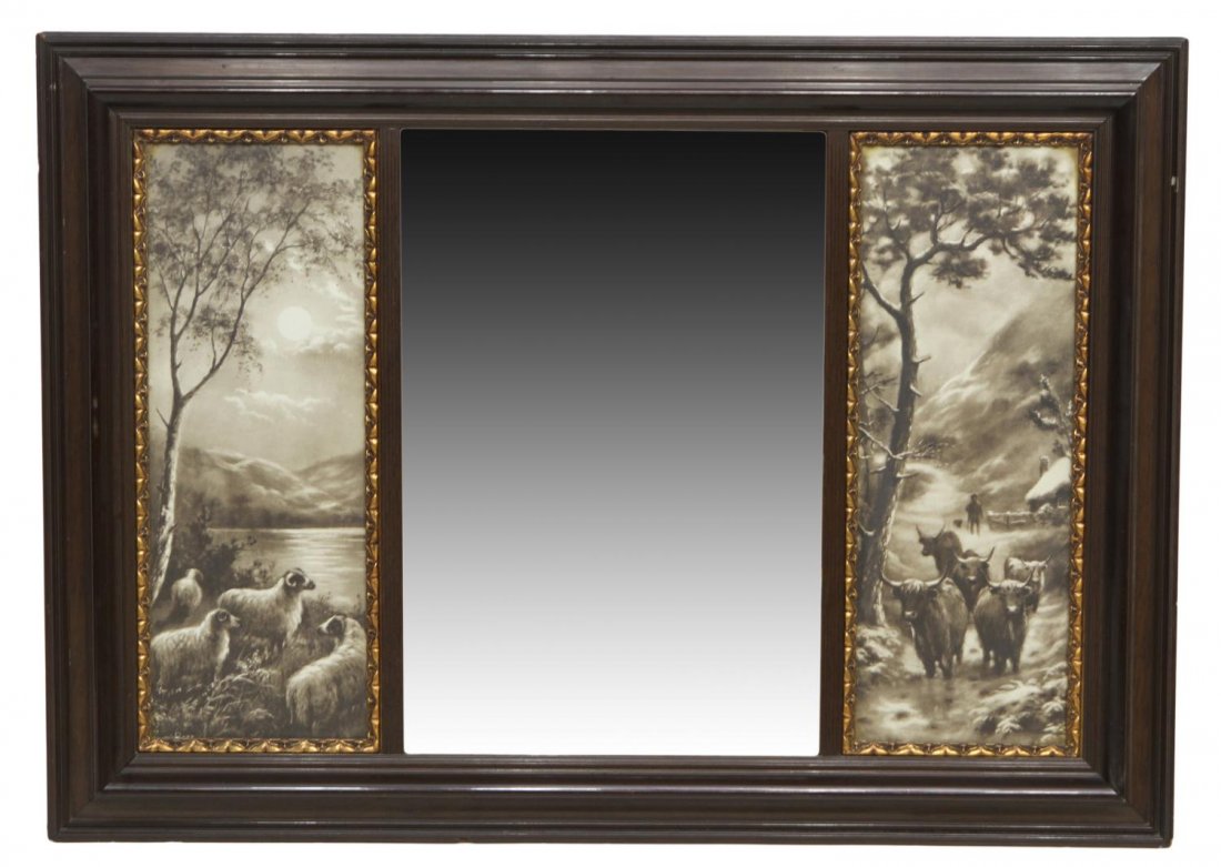 FRAMED EDWARDIAN OVER THE MANTLE MIRROR: Framed Edwardian over the mantle mirror, central beveled mirror flanked by pastoral prints, signed bottom to left print Baer (sp?), '39, old framers tag verso, some loss to frame, mirror: 23.25"h, 15.