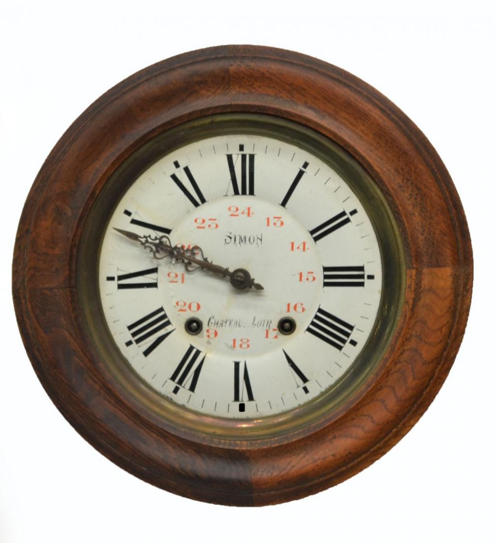 FRENCH STATION WALL CLOCK: French oak time and strike Simon station clock, Château-du-Loir, having roman numerals on a circular dial, 15"diam., 5"d, 11lbs (C25313) Start Price: $80.00