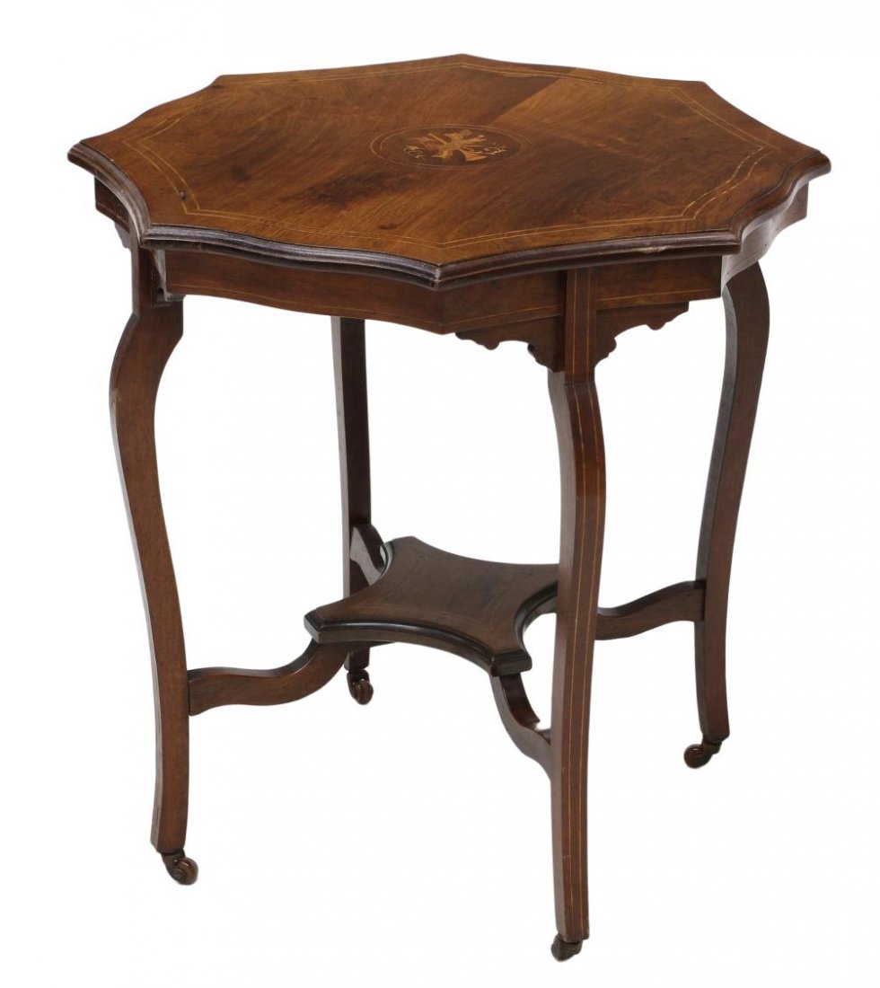 EDWARDIAN ROSEWOOD INLAID OCCASIONAL TABLE: Edwardian rosewood inlaid occasional table, English, early 1900's, a shaped top with floral inlay raised on cabriole supports, joined by a lower tier, raised on porcelain castors, some veneer loss at 