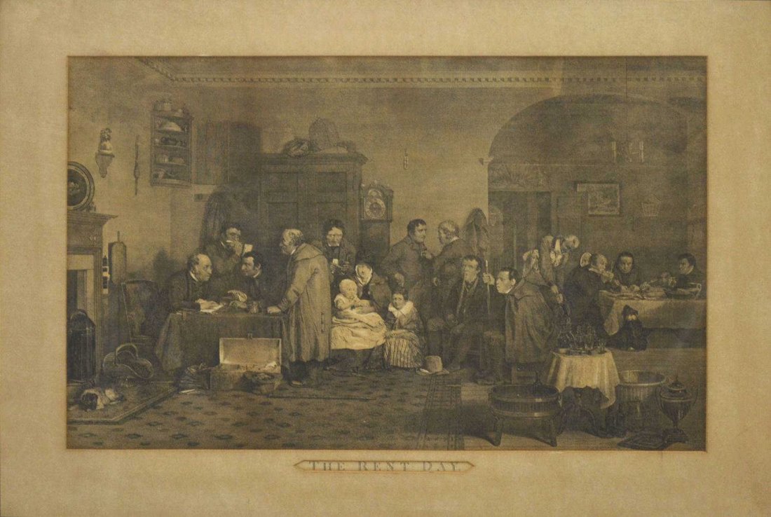 EDWARDIAN LITHOGRAPH, THE RENT DAY, DAVID WILKIE: Framed Edwardian lithograph, "The Rent Day", after Sir David Wilkie (United Kingdom/Scotland, 1785-1841), remnants of old tag verso, sight: 14.75"h, 23.5"w, overall: 24.25"h, 33"w, 7.25lbs Start Price