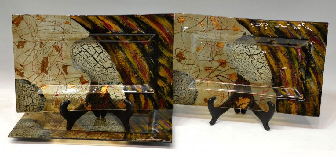 (3) MID-CENTURY MODERN DESIGN ART GLASS TRAYS: (lot of 3) Art glass table trays in the mid-century style, polychrome abstract patterns, gilt accents, 1"h, 17"w, 10.5"d, total: 8.25lbs Start Price: $50.00