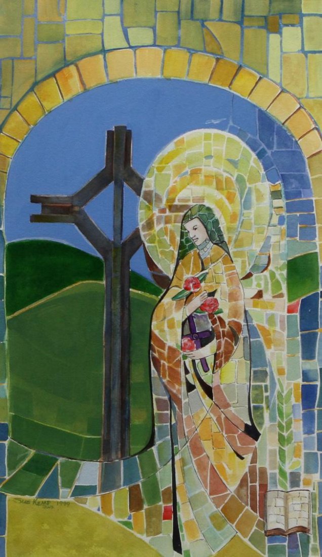 FRAMED WATERCOLOR, RELIGIOUS SCENE, SUE KEMP: Framed watercolor painting on paper, mosaic style religious figure with roses and cross, signed and dated lower left Sue Kemp 1999 (Texas, 20th c.), sight: 20.5"h, 12"w, overall: 28.25"h, 19.5"w, 6.25