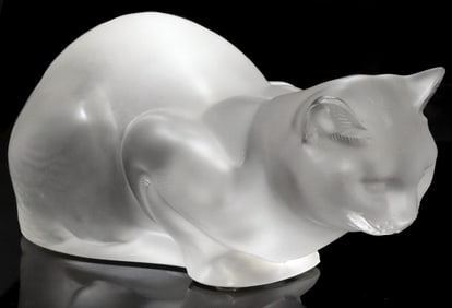 FRENCH LALIQUE FROSTED CRYSTAL 'CHAT COUCHE' CROUCHING CAT FIGURE
