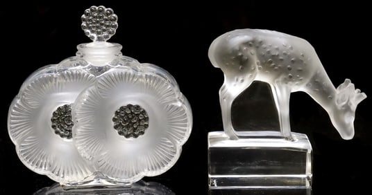 (2) LALIQUE ART CRYSTAL 'DEUX FLEURS' PERFUME BOTTLE & 'DEER' PAPERWEIGHT