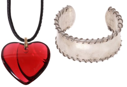 (2) TIFFANY & CO. STERLING 'STITCH' CUFF & BACCARAT CRYSTAL HEART PENDANT