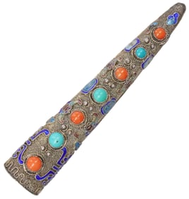 CHINESE ENAMELED SILVER FILIGREE & GEMSTONE NAIL GUARD BROOCH