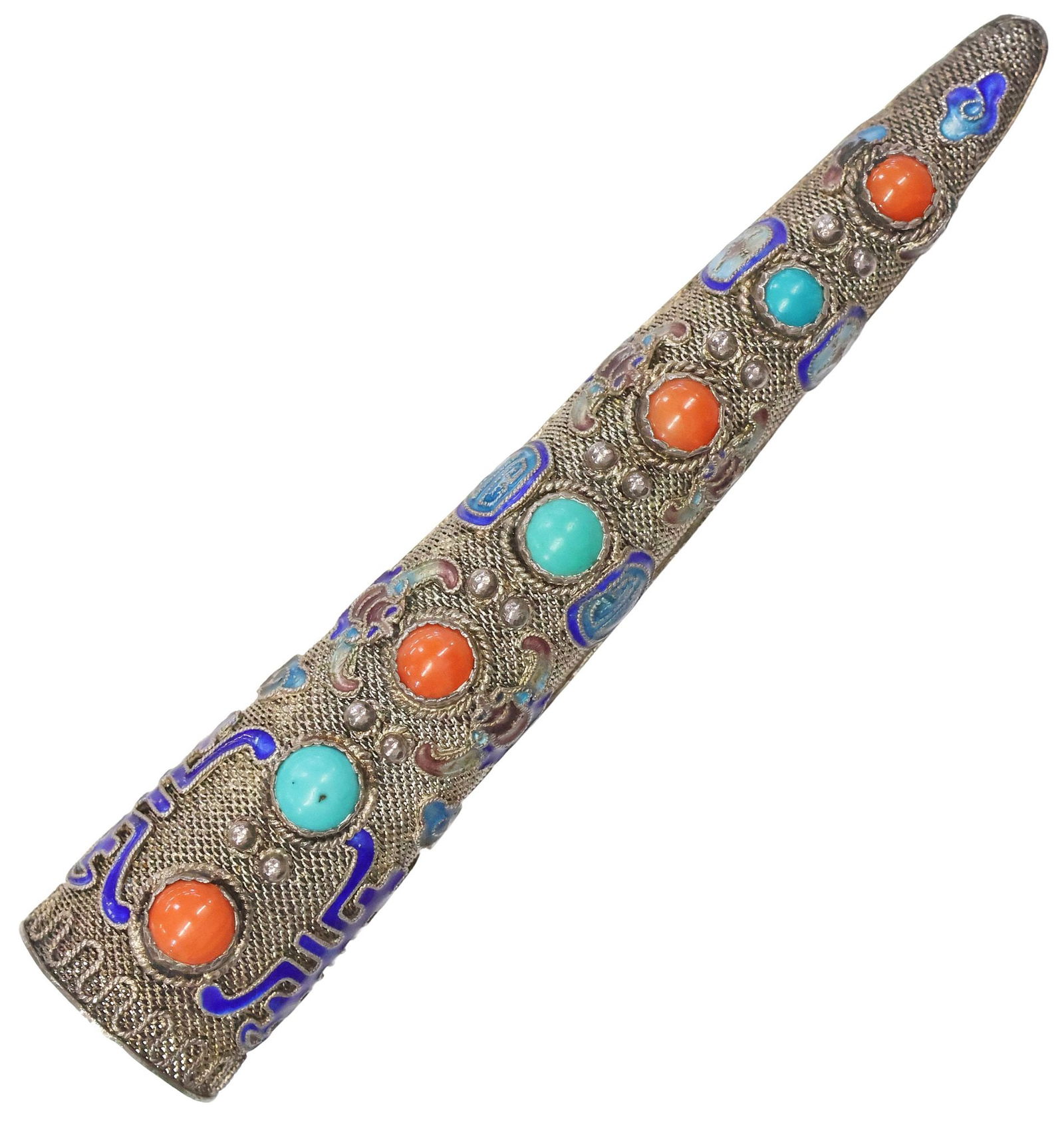 CHINESE ENAMELED SILVER FILIGREE & GEMSTONE NAIL GUARD BROOCH (1 of 5)