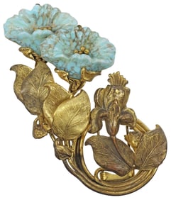 ESTATE ART NOUVEAU GILT-METAL & TURQUOISE GLASS DRESS CLIP
