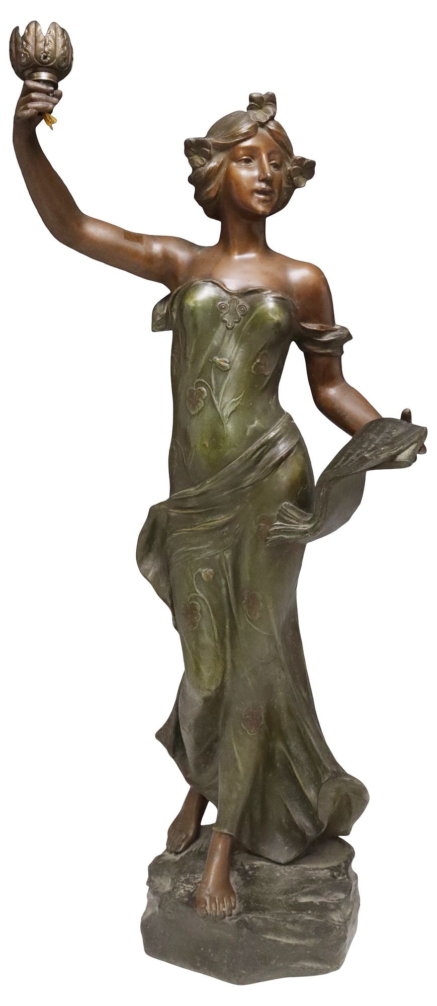 ART NOUVEAU STYLE PATINATED METAL FIGURAL LAMP, 31"H (1 of 6)