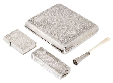 (4) ENGRAVED .950 SILVER SMOKING SET W/ CIGARETTE CASE & ACCESSORIES