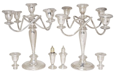 (4) WEIGHTED STERLING POOLE 5-LT CANDELABRA & REED AND BARTON SHAKERS