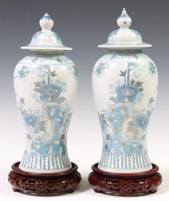 (2) CHINOISERIE BLUE & WHITE PORCELAIN VASES & COVERS
