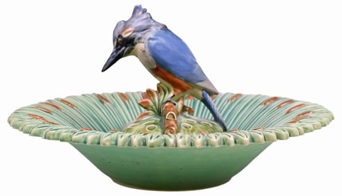 (2) WELLER 'ARDSLEY' ART POTTERY KINGFISHER FLOWER FROG & CONSOLE BOWL