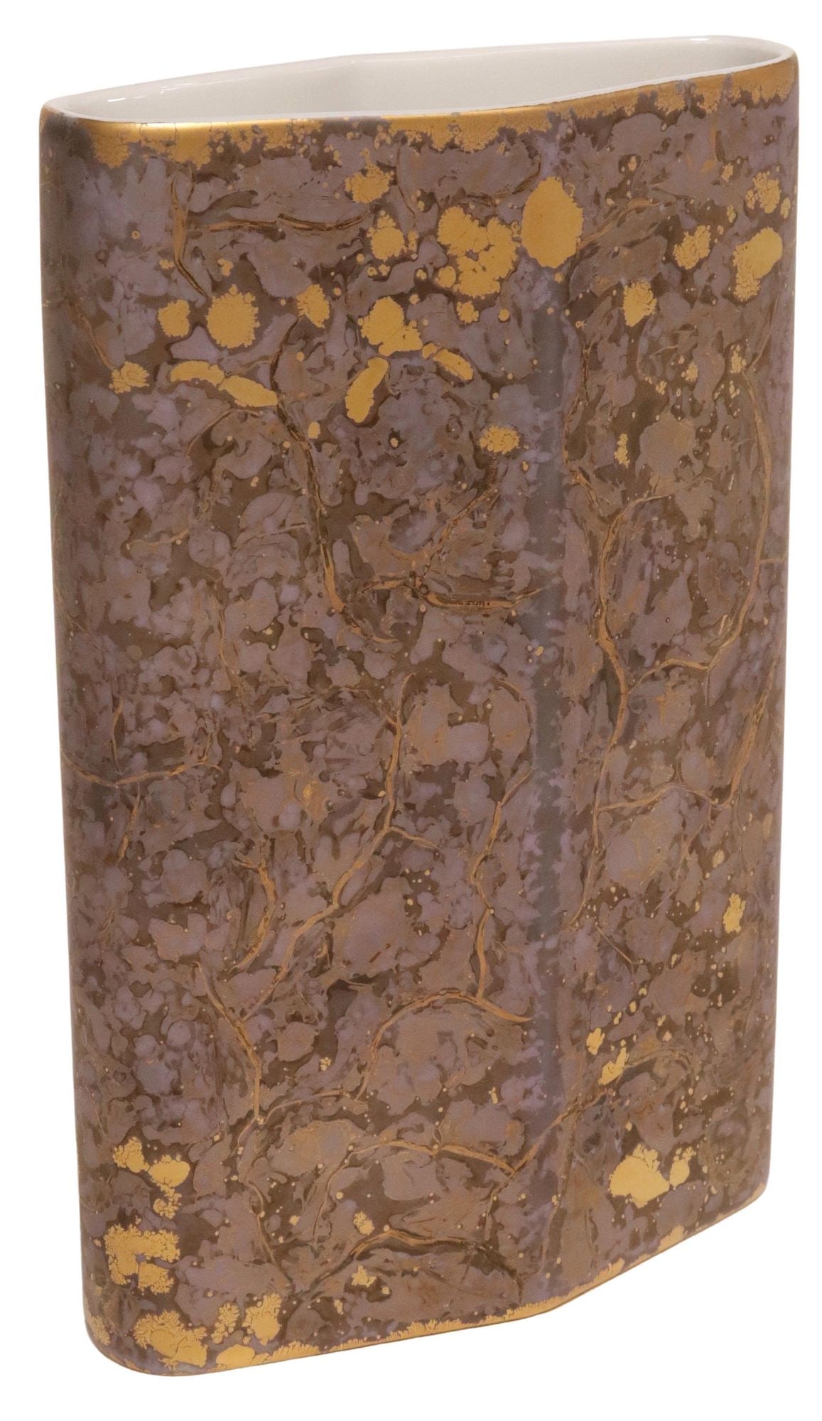 POSTMODERN HELMUT DRESLER ROSENTHAL MARBLEIZED PORCELAIN VASE: German porcelain vase, Helmut Dresler for Rosenthal, c.1980s-1990s, parcel-gilt and purple marbleized design, marked at base Rosenthal/ Germany/ Handgemalt/ H. Dresler, approx 7"h, 4.5"w, 2&