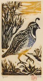 NELLIE BUEL (TX, 1908-2002) COLOR WOODCUT QUAIL