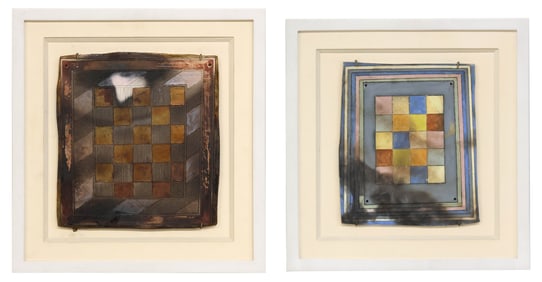 (2) JUDY TRIM (ATTRIB.) FRAMED STUDIO ART POTTERY RAKU-FIRED TILES