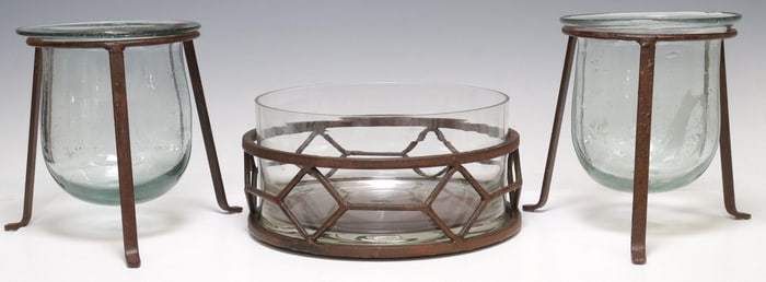 (3) JAN BARBOGLIO GLASS & WROUGHT IRON CENTERPIECE BOWL & CANDLE HOLDERS