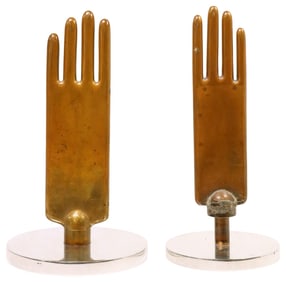 (2) VINTAGE BRASS FACTORY GLOVE MOLDS ON CHROMED STANDS