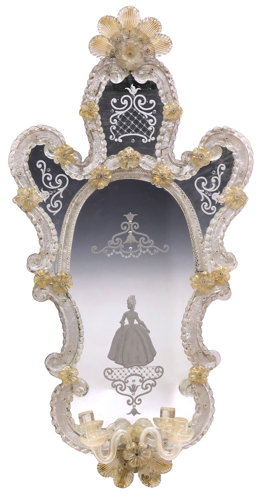 VENETIAN MURANO ETCHED GLASS TWO-BRANCH GIRANDOLE MIRROR, 37.5"H (1 of 4)