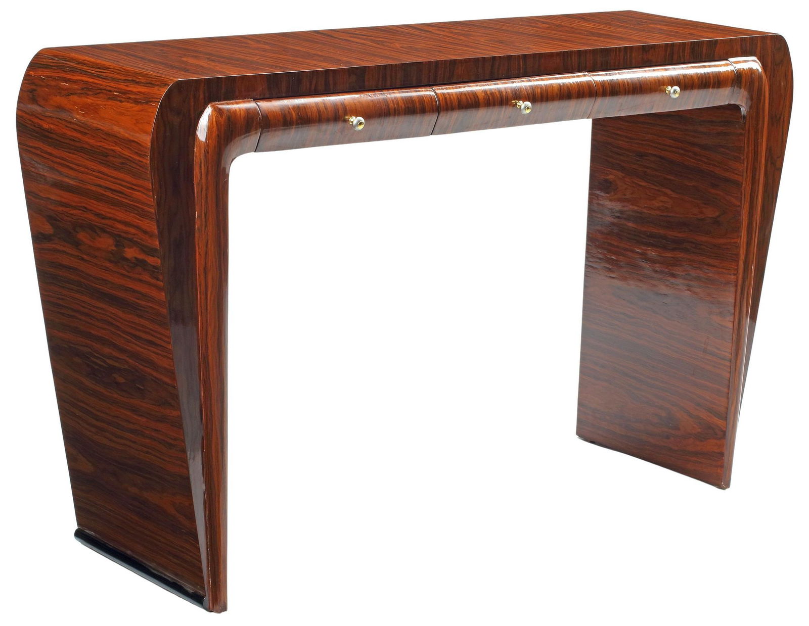 ART DECO STYLE SCULPTURAL ROSEWOOD VENEER CONSOLE TABLE: Art Deco style sculptural console table, in rosewood veneers, fitted with three drawers, rising on tapering supports, approx 33.5"h, 55.5"w, 17"d