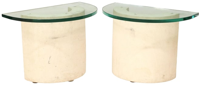 (2) CONTEMPORARY GLASS-TOP STONE DEMILUNE SIDE TABLES