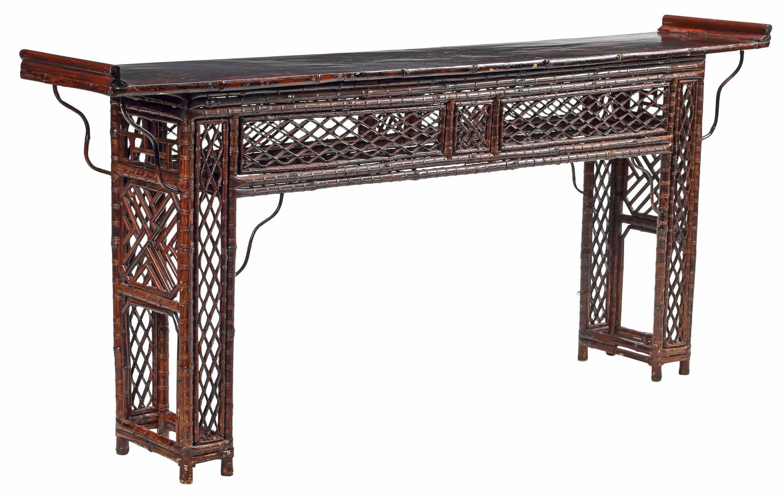 CHINESE LACQUERED BAMBOO ALTAR OR CONSOLE TABLE: Chinese bamboo altar or console table, of elongated rectangular form,Ã‚Â with a geometric fretwork frieze and end supports, approx 36"h, 79.5"w, 14"d