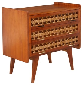 FRENCH MID-CENTURY MODERN TEAK & WOVEN RATTAN COMMODE