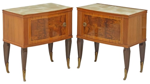 (2) ITALIAN MID-CENTURY MODERN GLASS-TOP BURLWOOD NIGHTSTANDS